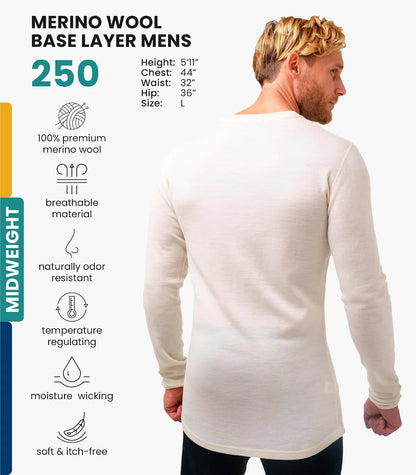 100% Merino Wool Base Layer Mens - Long Sleeve Thermal Shirts with Socks | Lightweight, Midweight, Heavyweight Base Layer, Naturally Odor-Resistant, Breathable Shirt, Ideal for Hiking, Cold Weather