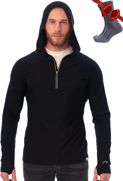100% Merino Wool Hoodie Men - Slim Fit Quarter Zip Thermal Base Layer Top