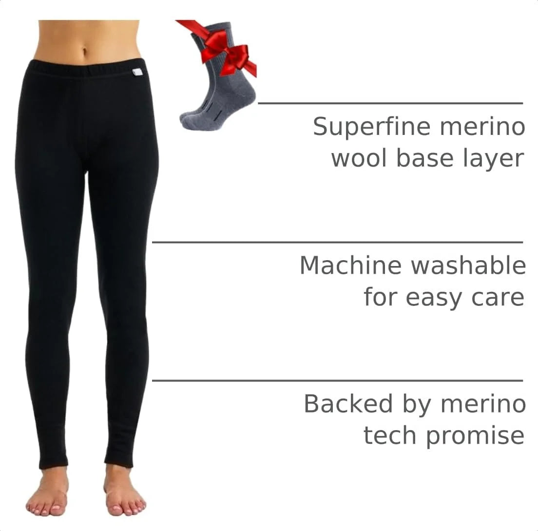 100% Merino Wool Base Layer Women Pants - Thermal Leggings Underwear | Lightweight, Midweight, Heavyweight Base Layer, Breathable Pants, Odor-Resistant, Ideal for Hiking, Skiing, Cold Weather