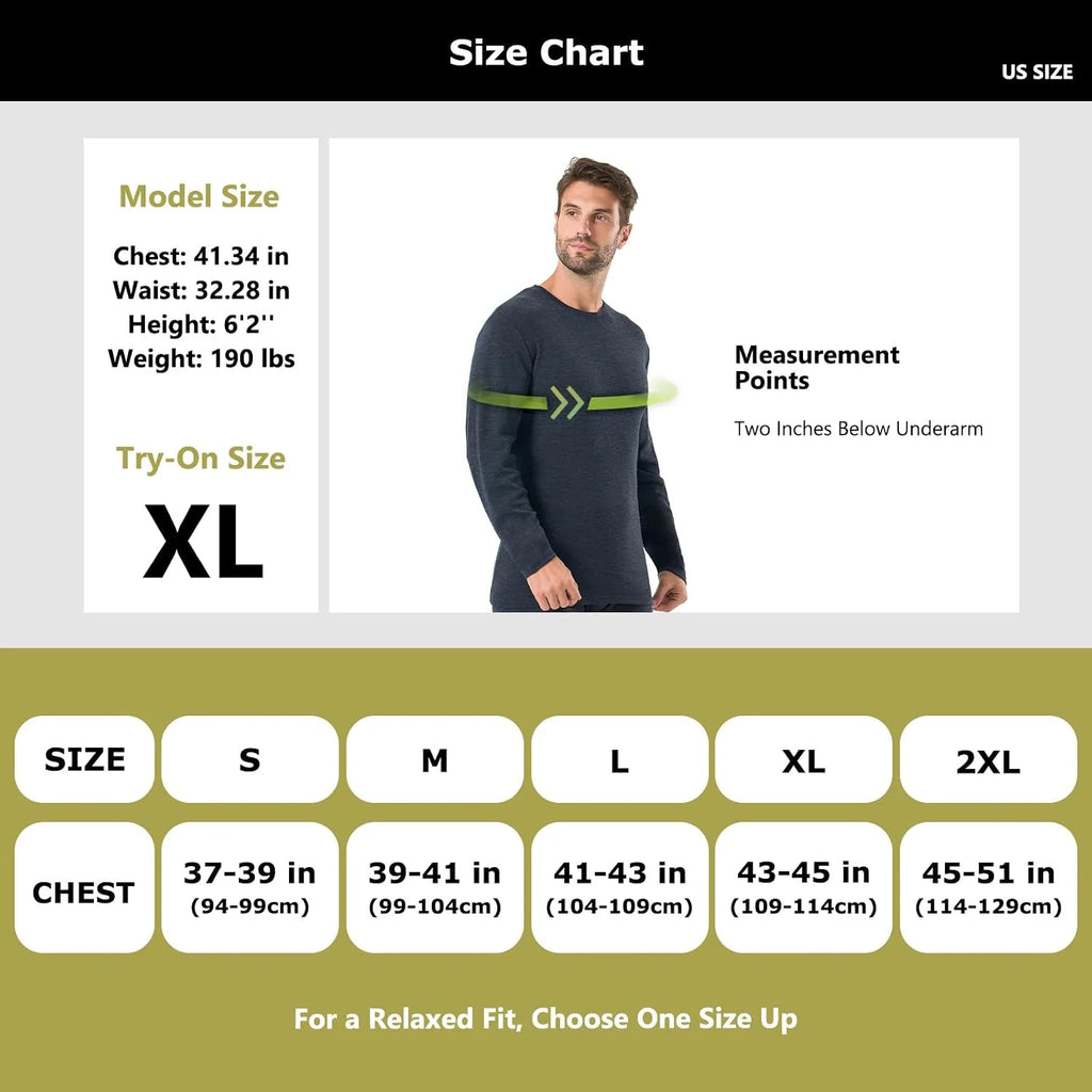100% Merino Wool Base Layer for Men Long Sleeve Crew Neck Thermal Shirt
