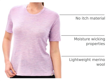 100% Merino Wool Shirt Women - Short Sleeve Tee Base Layer Top Undershirt