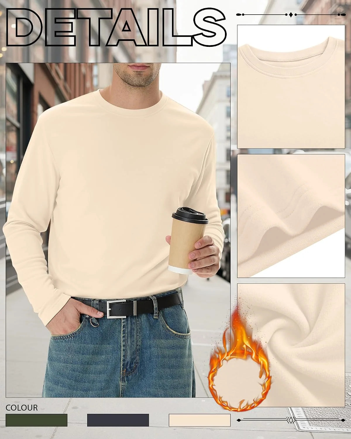 3 Pack Mens Long Sleeve Thermal Shirts Crew Neck Tops