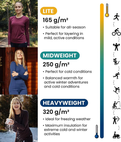 100% Merino Wool Base Layer Women Pants - Thermal Leggings Underwear | Lightweight, Midweight, Heavyweight Base Layer, Breathable Pants, Odor-Resistant, Ideal for Hiking, Skiing, Cold Weather