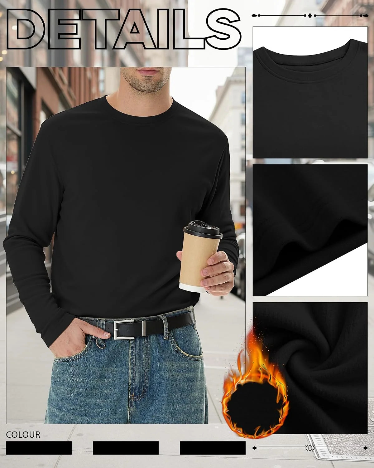 3 Pack Mens Long Sleeve Thermal Shirts Crew Neck Tops