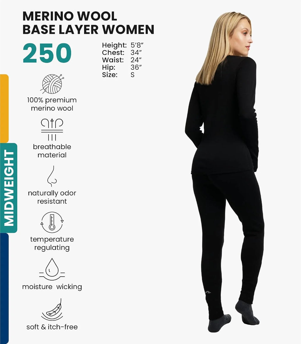 100% Merino Wool Base Layer Women Set - Thermal Underwear Women Top, Bottom