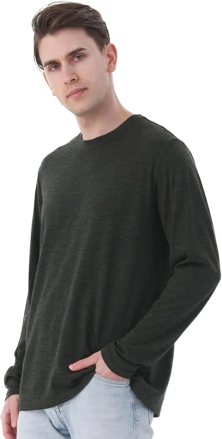 100% Merino Wool Base Layer for Men Long Sleeve Crew Neck Thermal Shirt