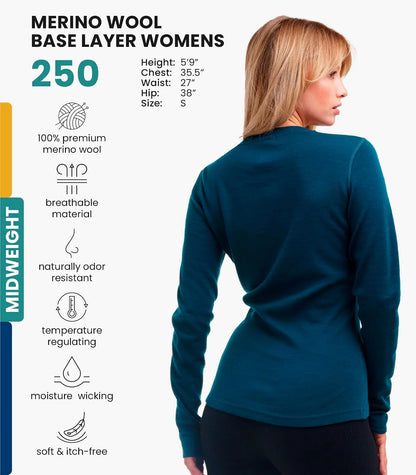 100% Merino Wool Base Layer Women - Long Sleeve Thermal Shirt with Socks