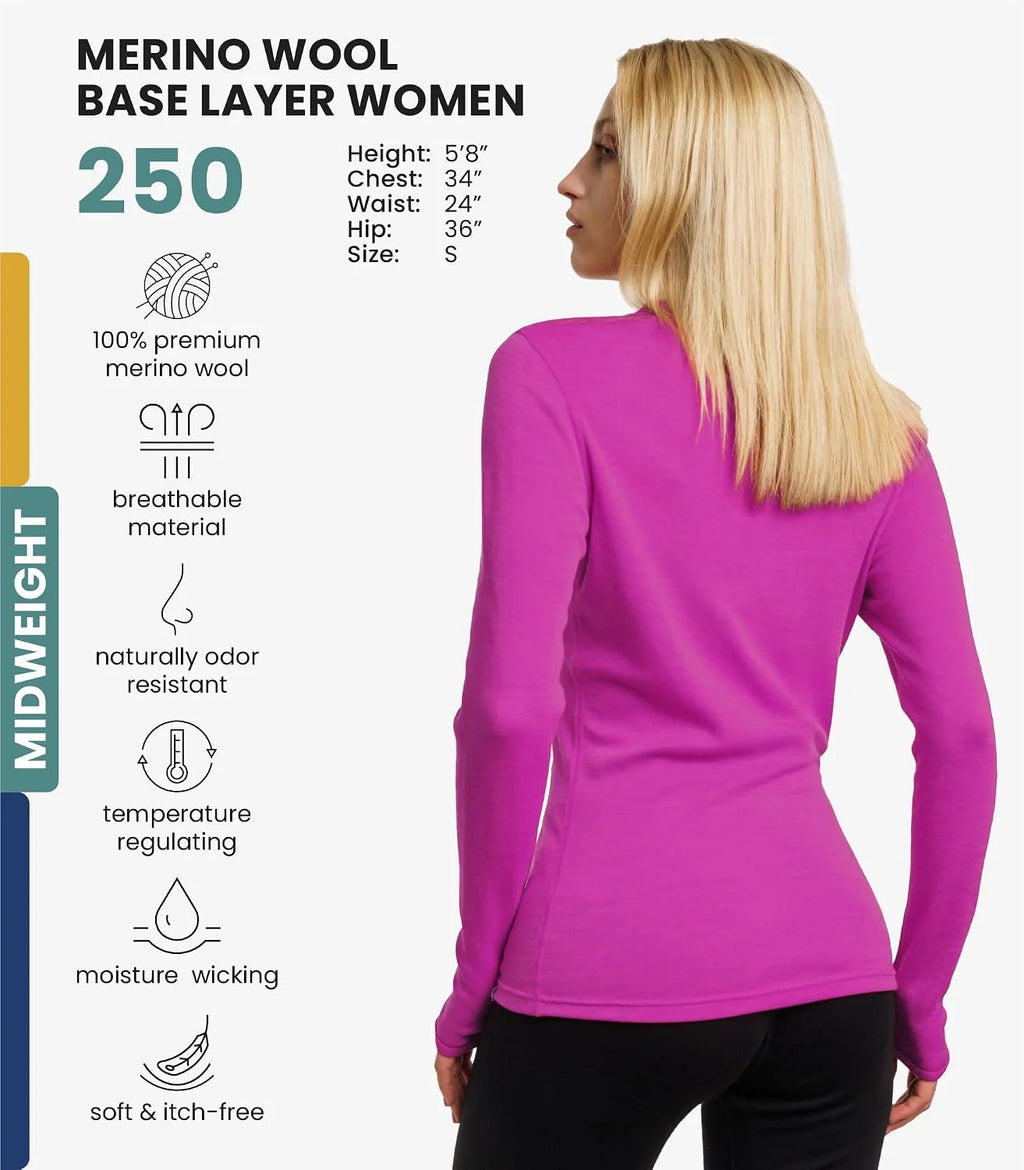 100% Merino Wool Base Layer Women - Long Sleeve Thermal Shirt with Socks