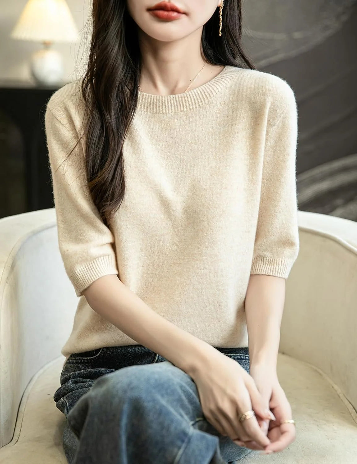 Chanyarn Women's 100% Merino Wool Spring Fall Winter First-Line Ready to Wear Seamless Knit Crewneck Short Sleeve Sweater