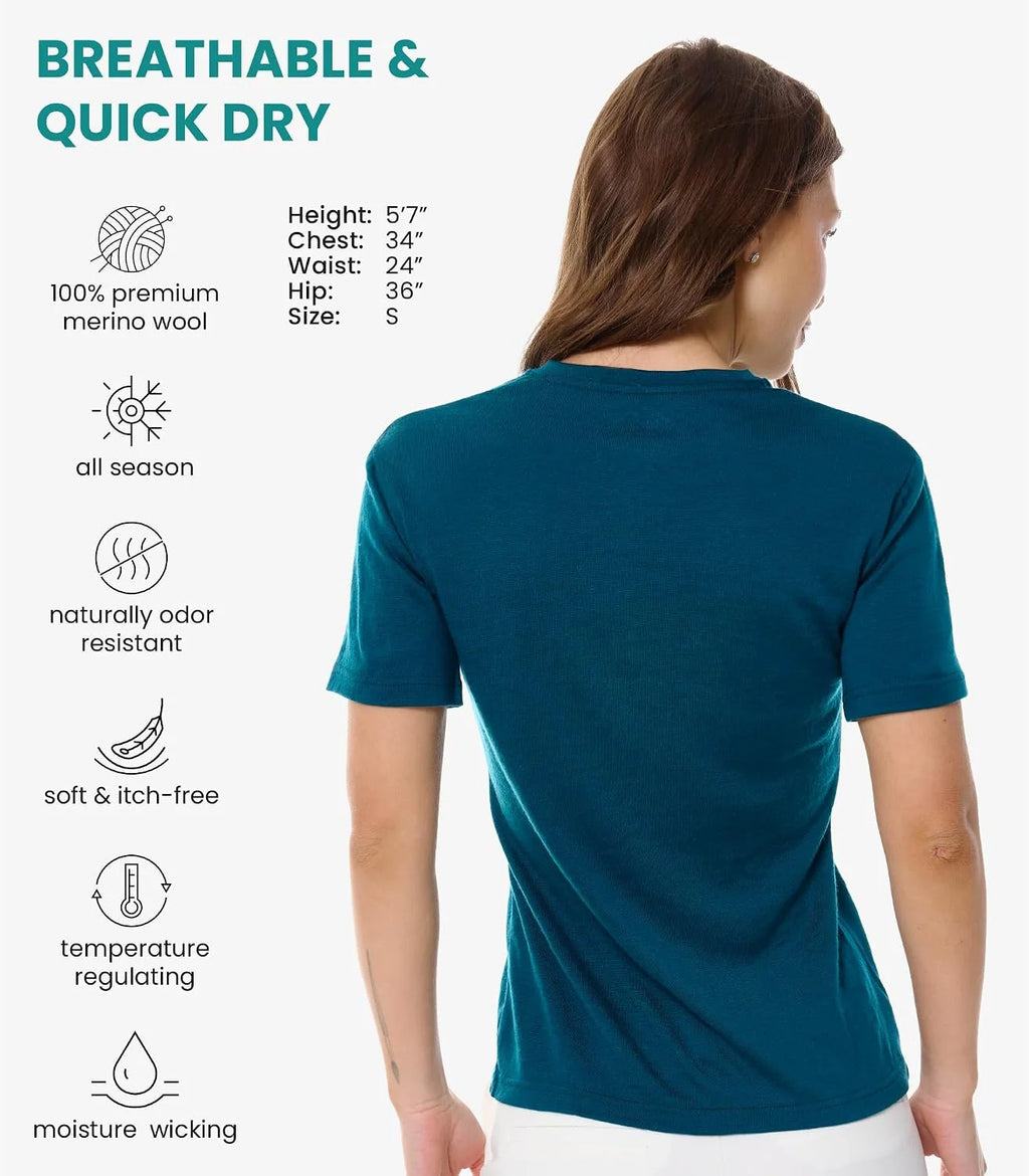 100% Merino Wool Shirt Women - Short Sleeve Tee Base Layer Top Undershirt