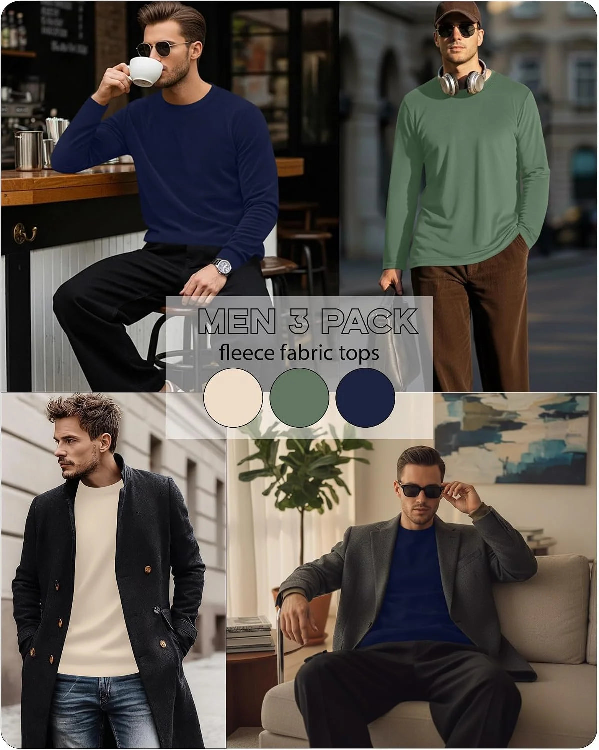 3 Pack Mens Long Sleeve Thermal Shirts Crew Neck Tops