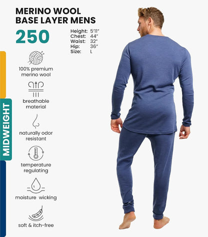 100% Merino Wool Base Layer Men Set - Thermal Underwear for Men Long Johns | Lightweight, Midweight, Heavyweight Long Johns, Naturally Odor-Resistant, Breathable Active Underwear, Hiking, Skiing
