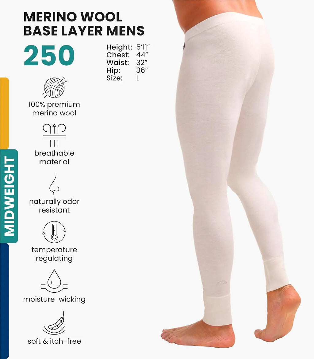 100% Merino Wool Base Layer Mens Pants - Thermal Underwear Long Johns