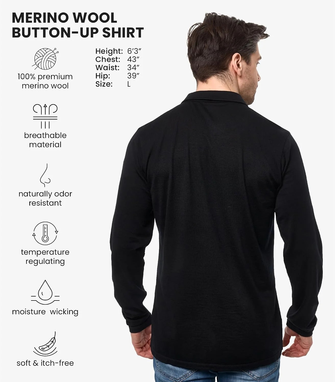 100% Merino Wool Button Up Shirt Men - Long & Short Sleeve Breathable