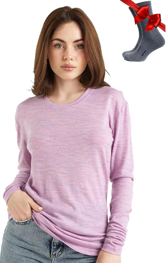100% Merino Wool Base Layer Women - Long Sleeve Thermal Shirt with Socks