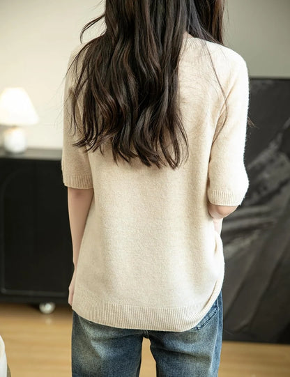 Chanyarn Women's 100% Merino Wool Spring Fall Winter First-Line Ready to Wear Seamless Knit Crewneck Short Sleeve Sweater
