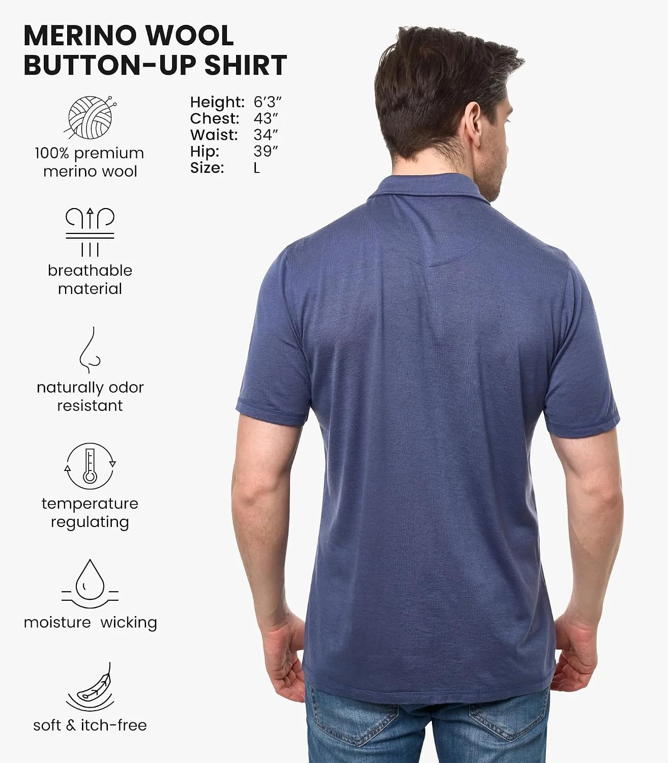 100% Merino Wool Button Up Shirt Men - Long & Short Sleeve Breathable | Lightweight, Breathable Merino Wool, Naturally Odor-Resistant, Soft, Office, Casual Outdoor Shirt, with Pocket