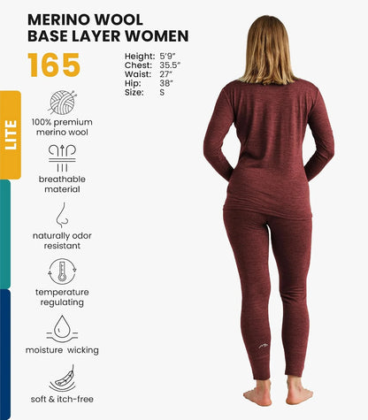 100% Merino Wool Base Layer Women Set - Thermal Underwear Women Top, Bottom | Lightweight, Midweight, Heavyweight Base Layer, Moisture-Wicking, Breathable Active Underwear, Hiking, Skiing, Camping