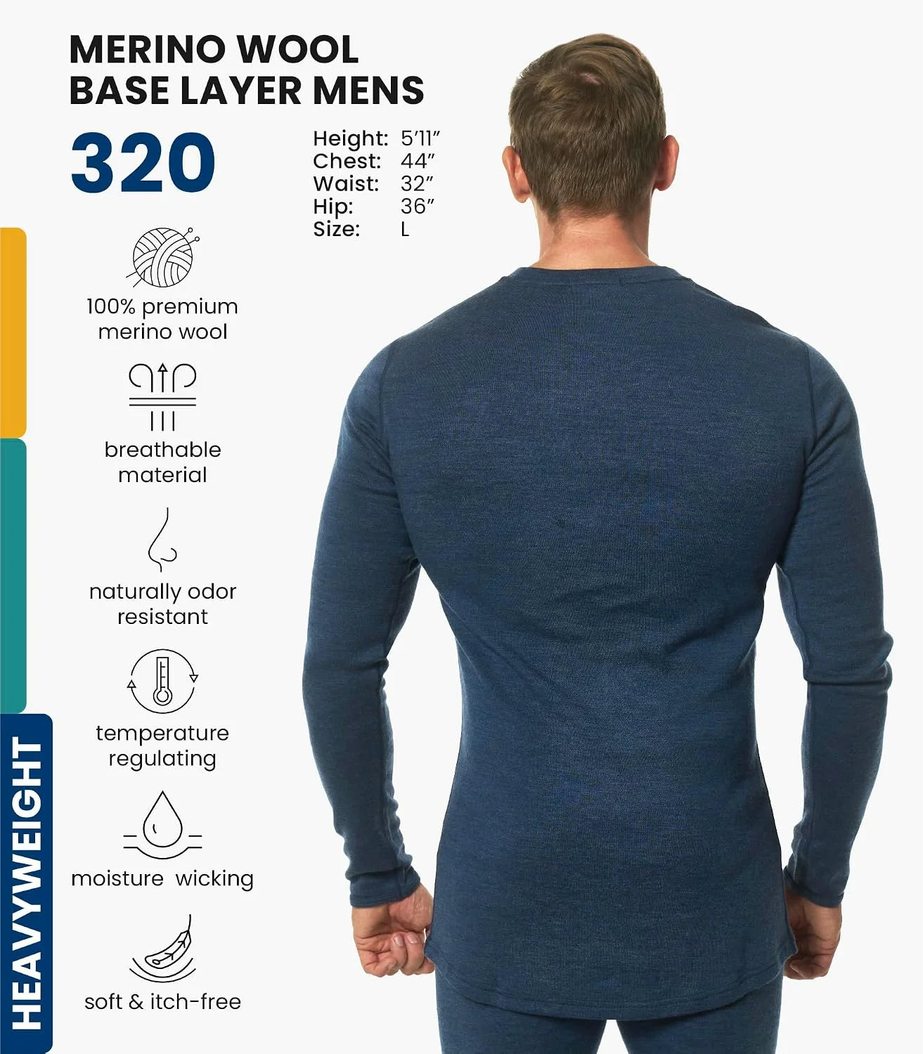 100% Merino Wool Base Layer Mens - Long Sleeve Thermal Shirts with Socks