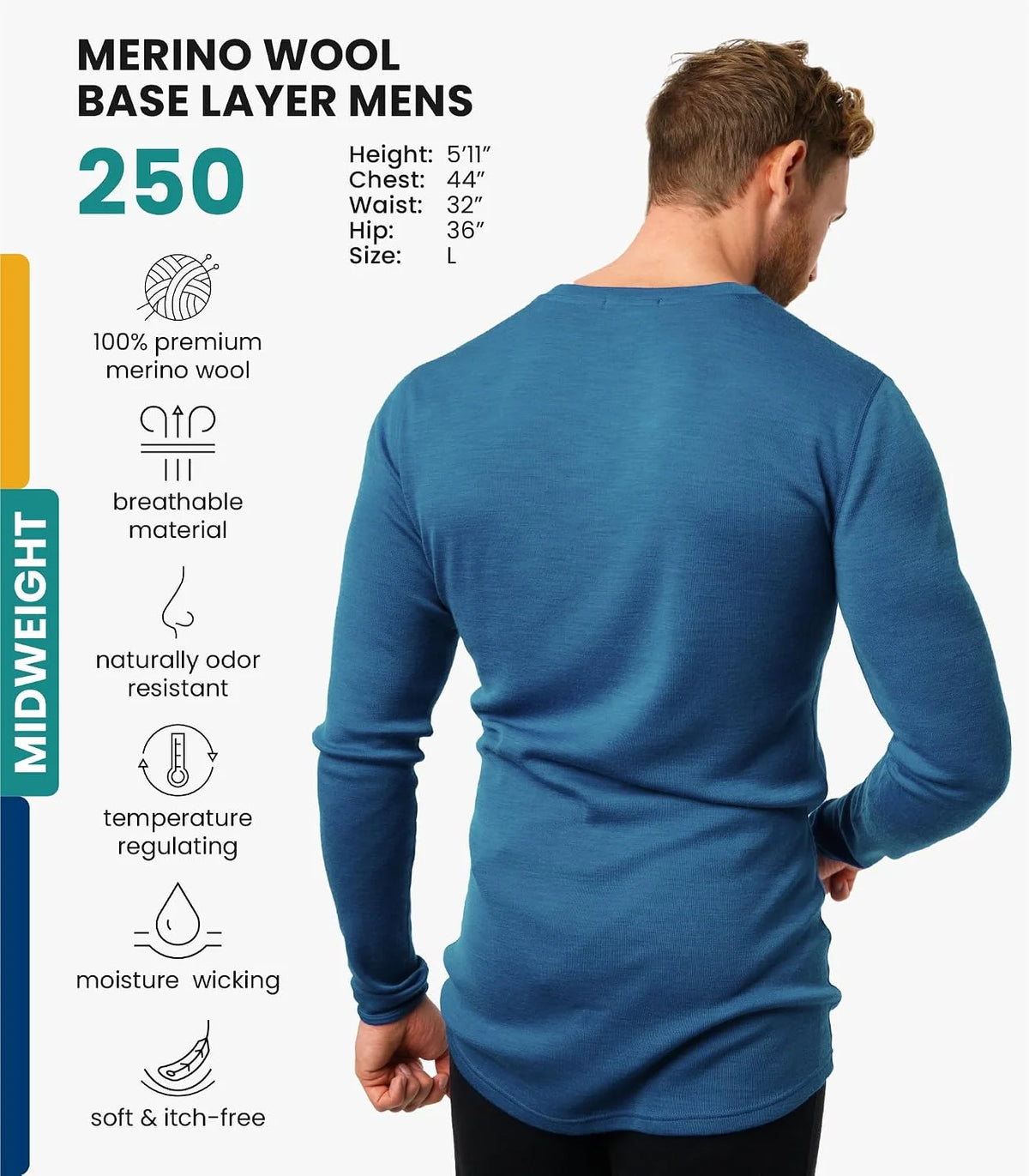 100% Merino Wool Base Layer Mens - Long Sleeve Thermal Shirts with Socks