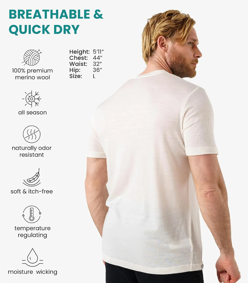 100% Merino Wool T-Shirt Men - Short Sleeve Undershirt Base Layer Top