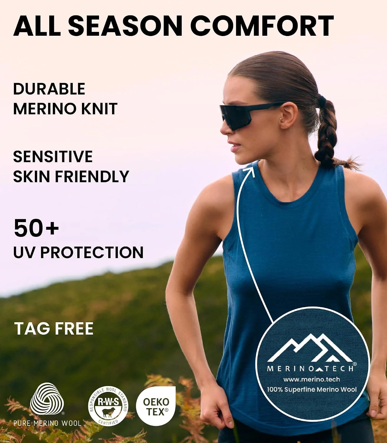 100% Merino Wool Tank Top Women - Active Sleeveless Undershirt Base Layer | Lightweight, Breathable Merino Wool Thermal, Naturally Anti-Odor, Moisture-Wicking Basic Top, Ideal for Hiking, Travel
