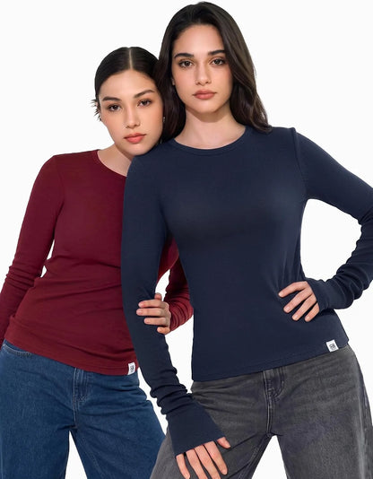 Women's Merino Wool Blend Shirts Long Sleeve Tops Crew Neck Fitted Basic Tee Cozy Embrace Collection