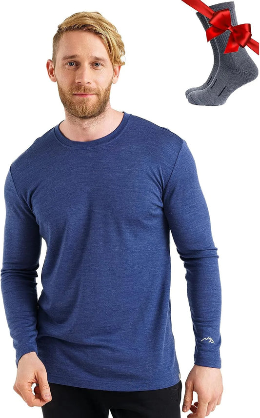 100% Merino Wool Base Layer Mens - Long Sleeve Thermal Shirts with Socks