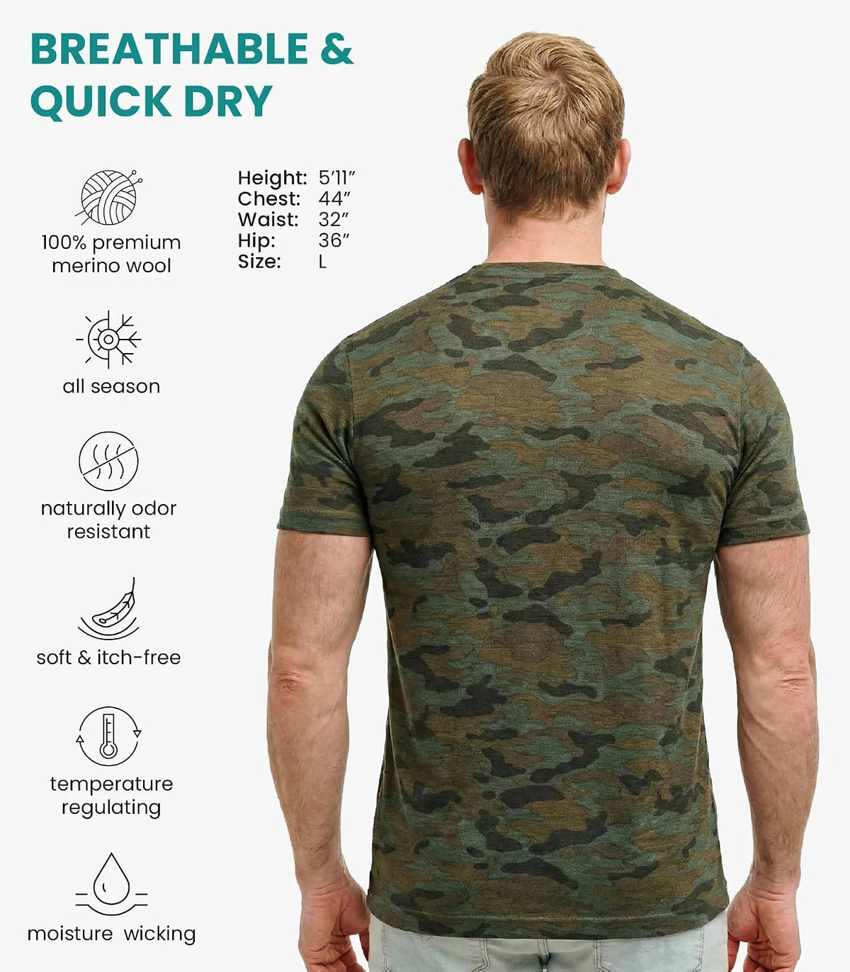 100% Merino Wool T-Shirt Men - Base Layer Top Undershirt with Hiking Socks