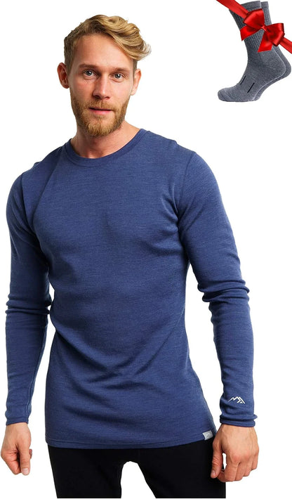 100% Merino Wool Base Layer Mens - Long Sleeve Thermal Shirts with Socks