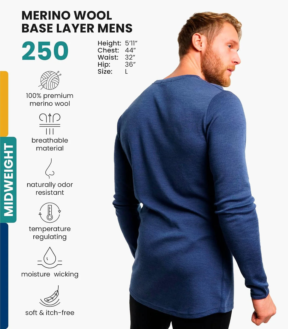 100% Merino Wool Base Layer Mens - Long Sleeve Thermal Shirts with Socks