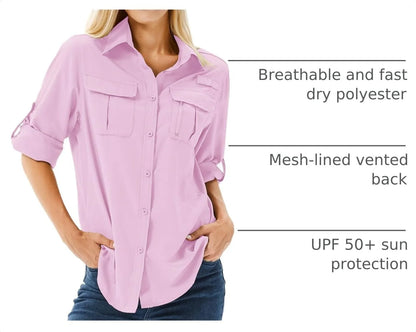Women's UPF 50 Long Sleeve Sun Protection Safari Fish Hiking Shirts