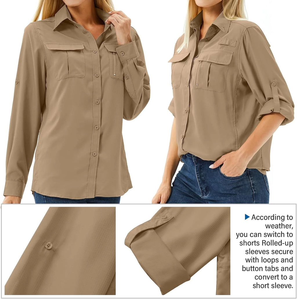 Women's UPF 50 Long Sleeve Sun Protection Safari Fish Hiking Shirts
