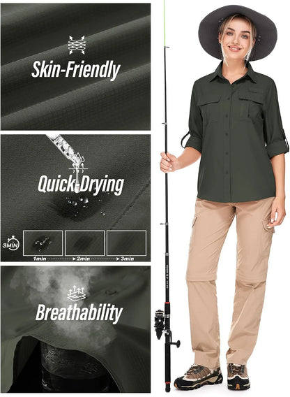 Women's UPF 50 Long Sleeve Sun Protection Safari Fish Hiking Shirts