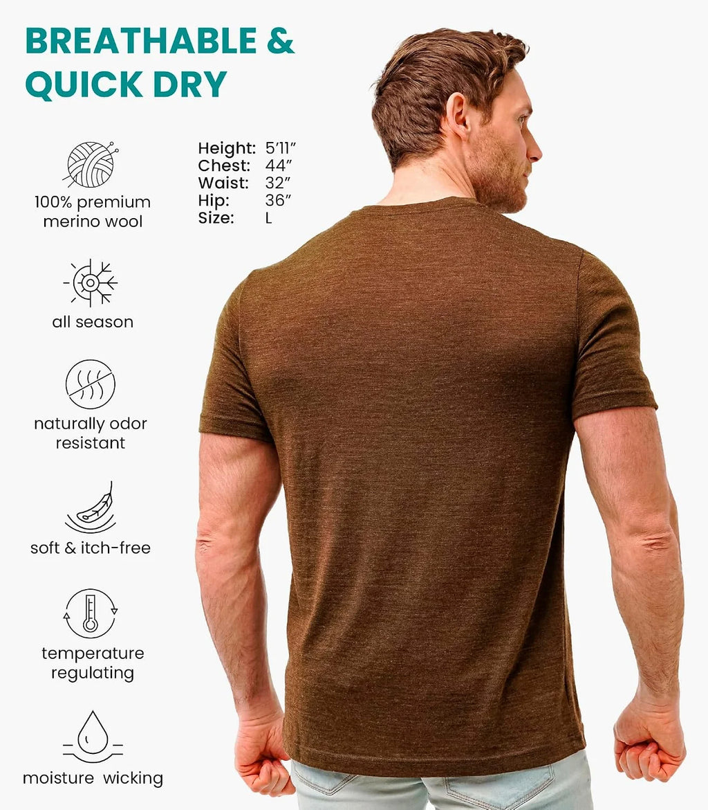 100% Merino Wool T-Shirt Men - Short Sleeve Undershirt Base Layer Top