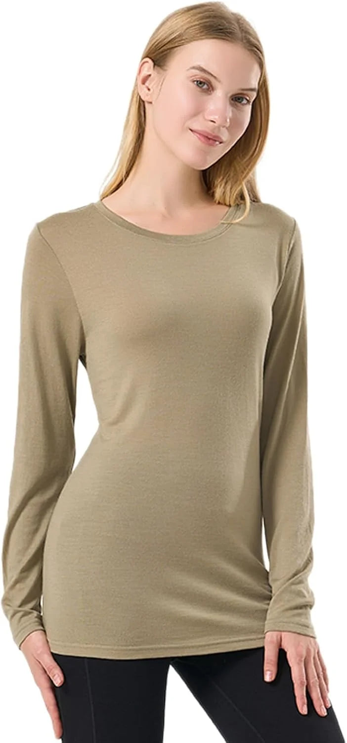 100% Merino Wool Base Layer Women Soft Thermal Long Sleeve Everyday Shirt | 17.5mic Soft, Comfort for Travel, Hiking, Odor-Resistant, Moisture Wicking, Warmth Versatile Layering, Everyday Wear