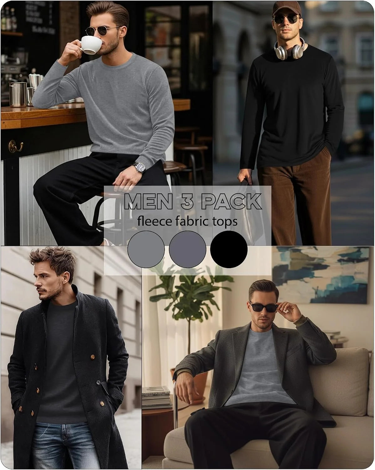 3 Pack Mens Long Sleeve Thermal Shirts Crew Neck Tops