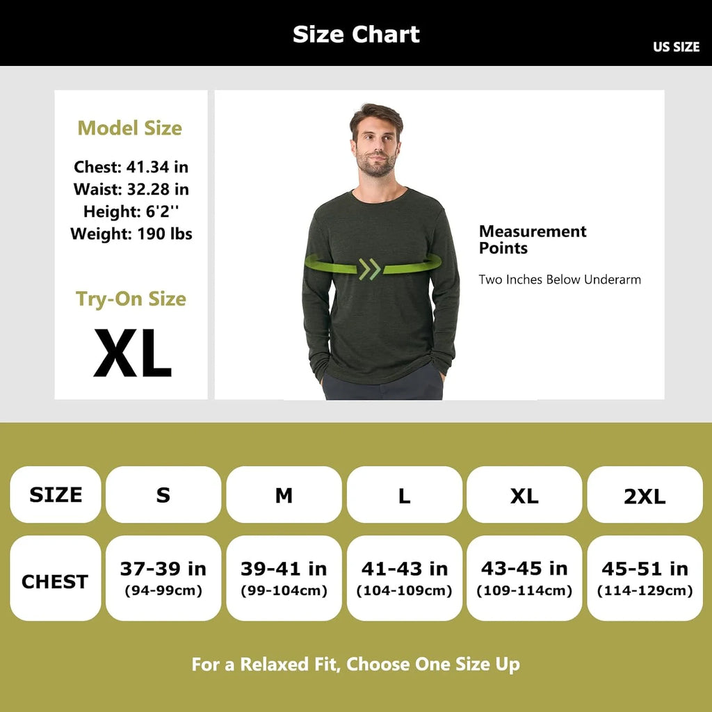 100% Merino Wool Base Layer for Men Long Sleeve Crew Neck Thermal Shirt