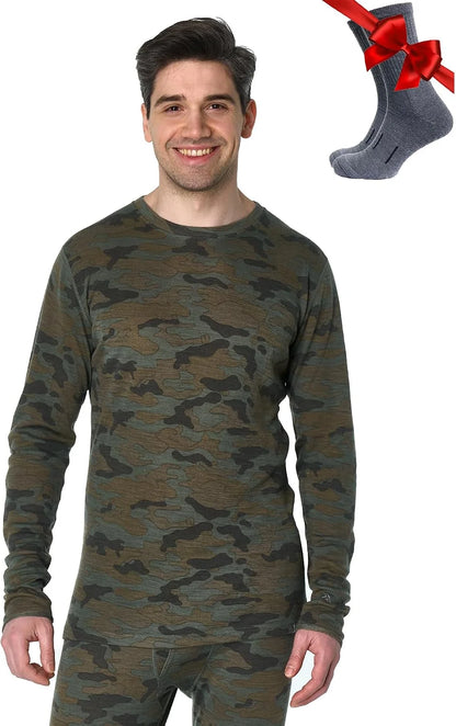 100% Merino Wool Base Layer Mens - Long Sleeve Thermal Shirts with Socks