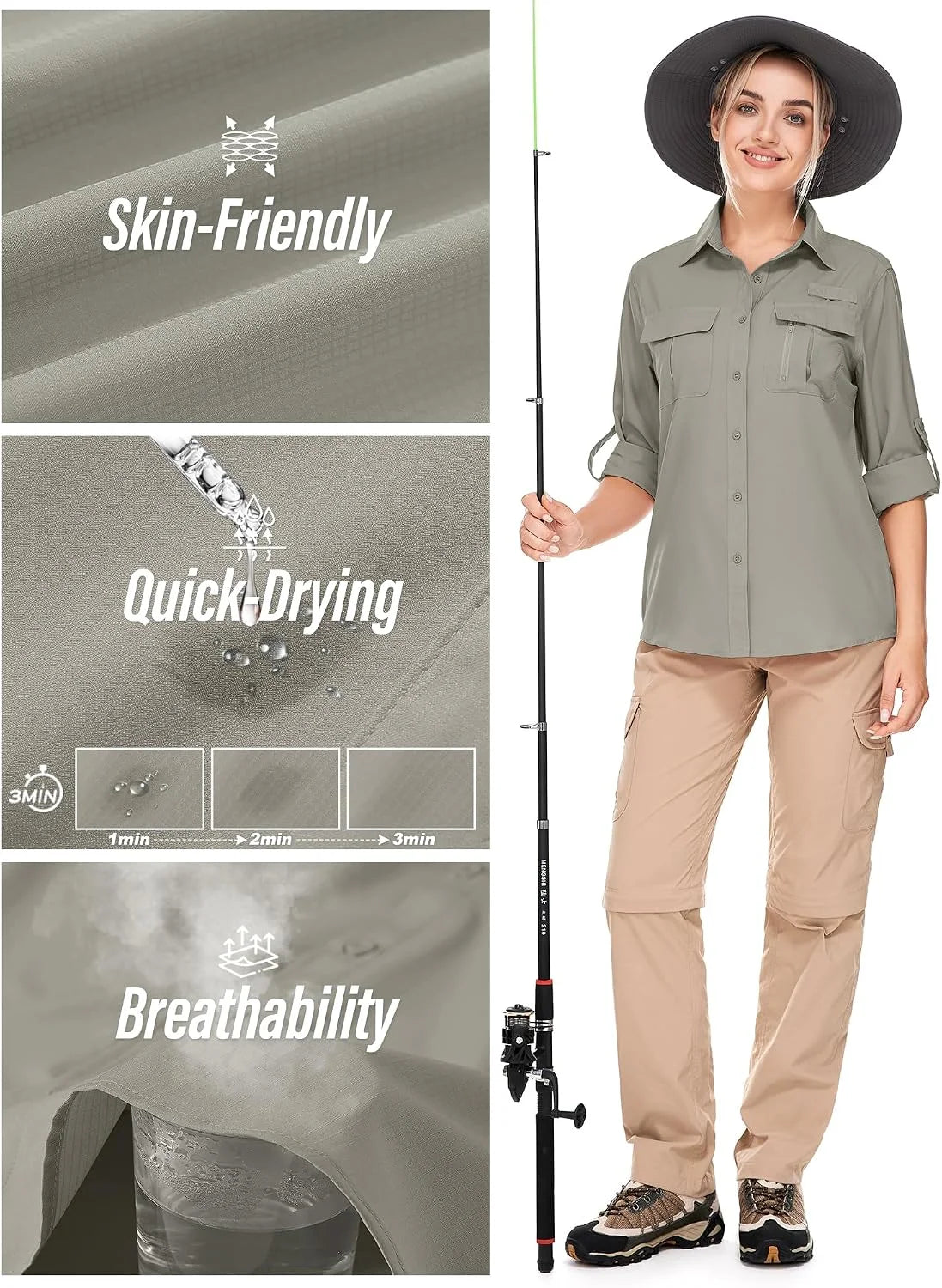 Women's UPF 50 Long Sleeve Sun Protection Safari Fish Hiking Shirts