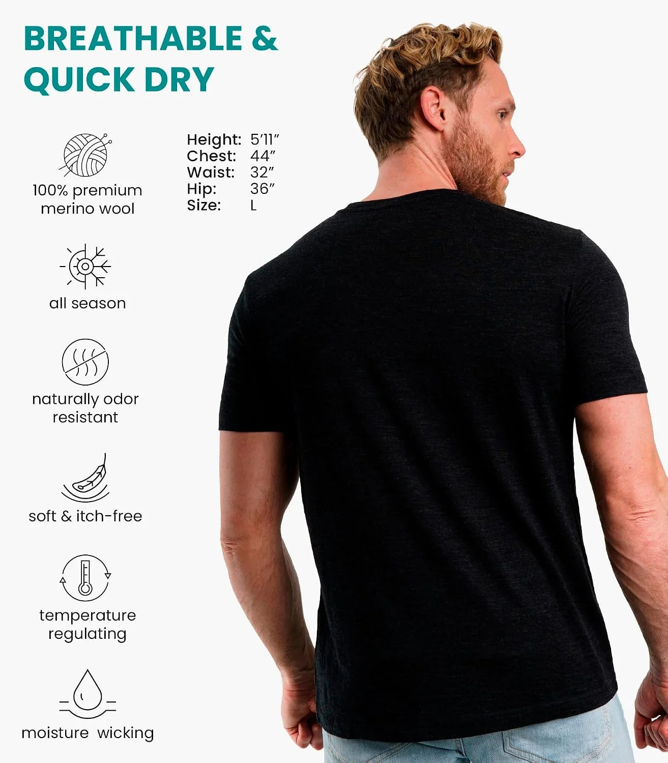100% Merino Wool T-Shirt Men - Base Layer Top Undershirt with Hiking Socks