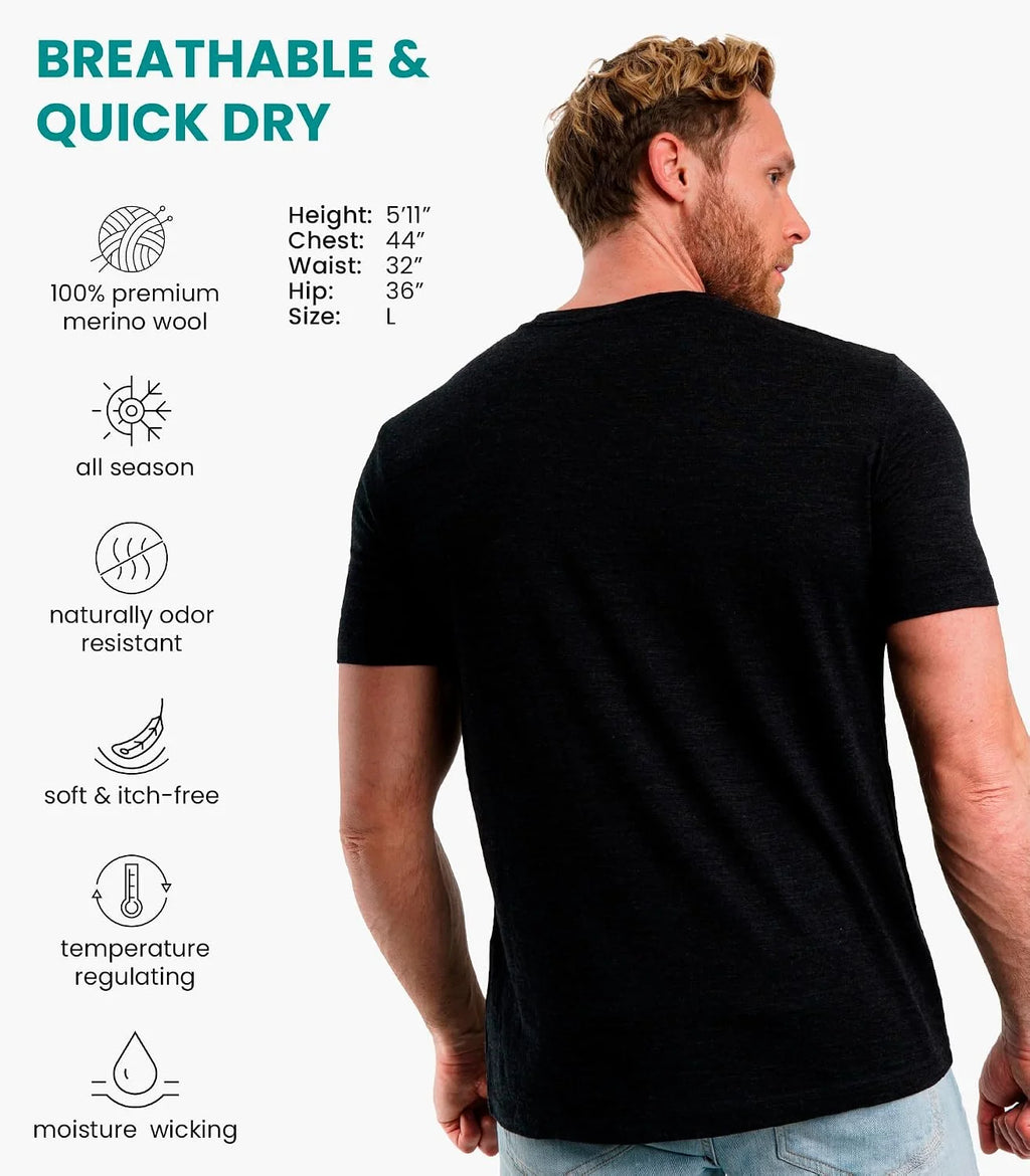 100% Merino Wool T-Shirt Men - Short Sleeve Undershirt Base Layer Top
