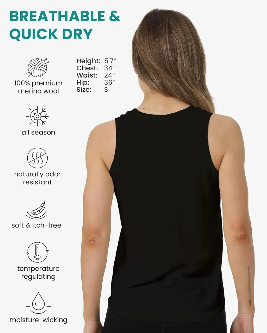 100% Merino Wool Tank Top Women - Active Sleeveless Undershirt Base Layer