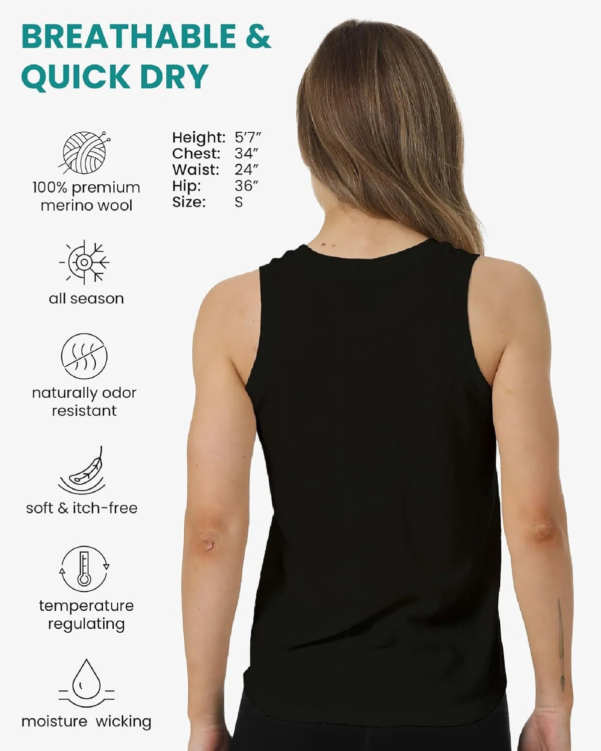 100% Merino Wool Tank Top Women - Active Sleeveless Undershirt Base Layer