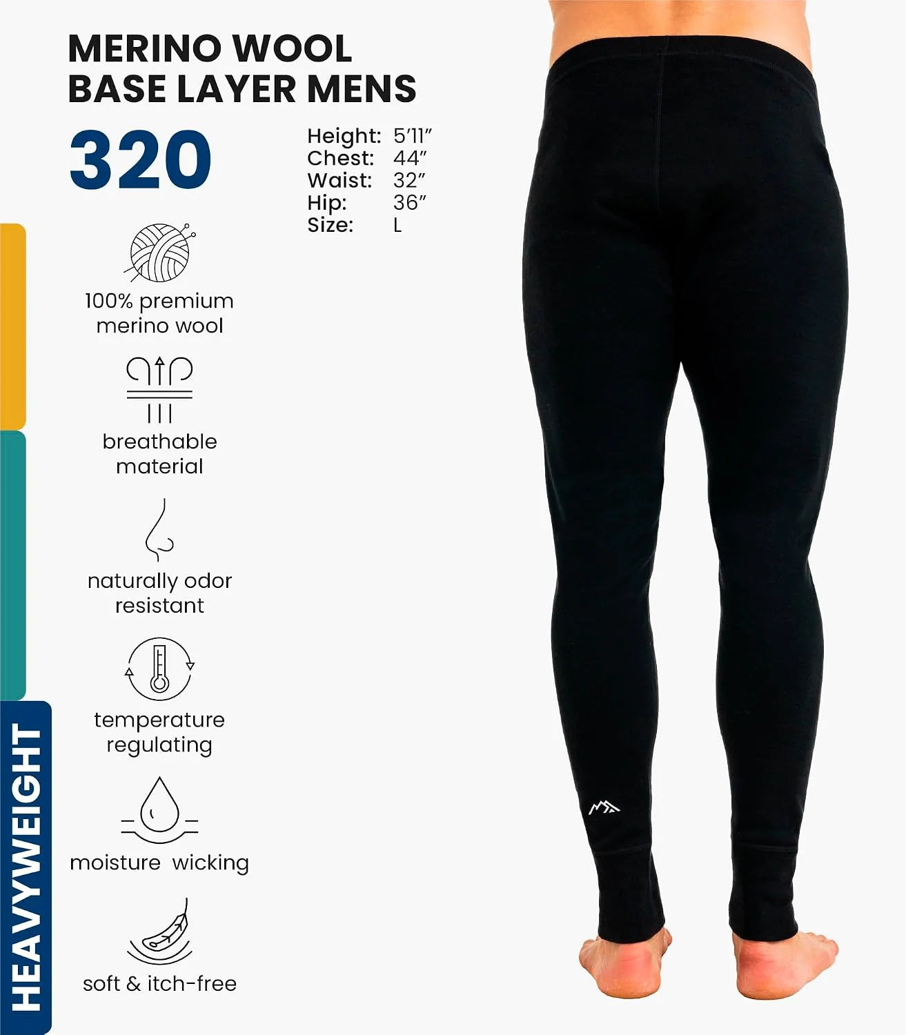 100% Merino Wool Base Layer Mens Pants - Thermal Underwear Long Johns
