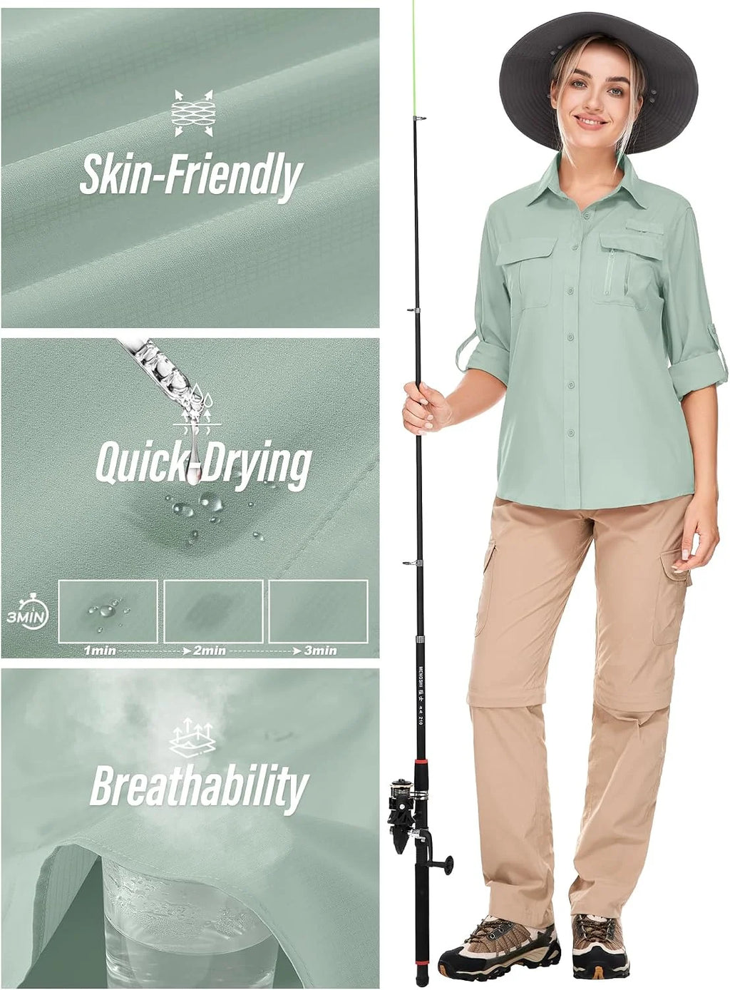 Women's UPF 50 Long Sleeve Sun Protection Safari Fish Hiking Shirts