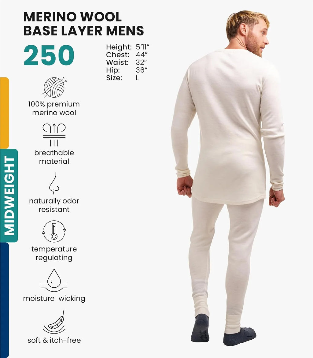 100% Merino Wool Base Layer Men Set - Thermal Underwear for Men Long Johns