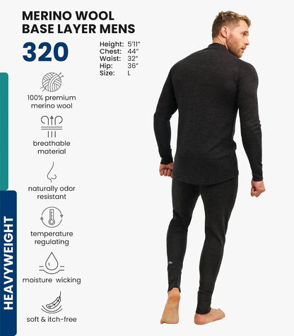 100% Merino Wool Base Layer Men Set - Thermal Underwear for Men Long Johns | Lightweight, Midweight, Heavyweight Long Johns, Naturally Odor-Resistant, Breathable Active Underwear, Hiking, Skiing