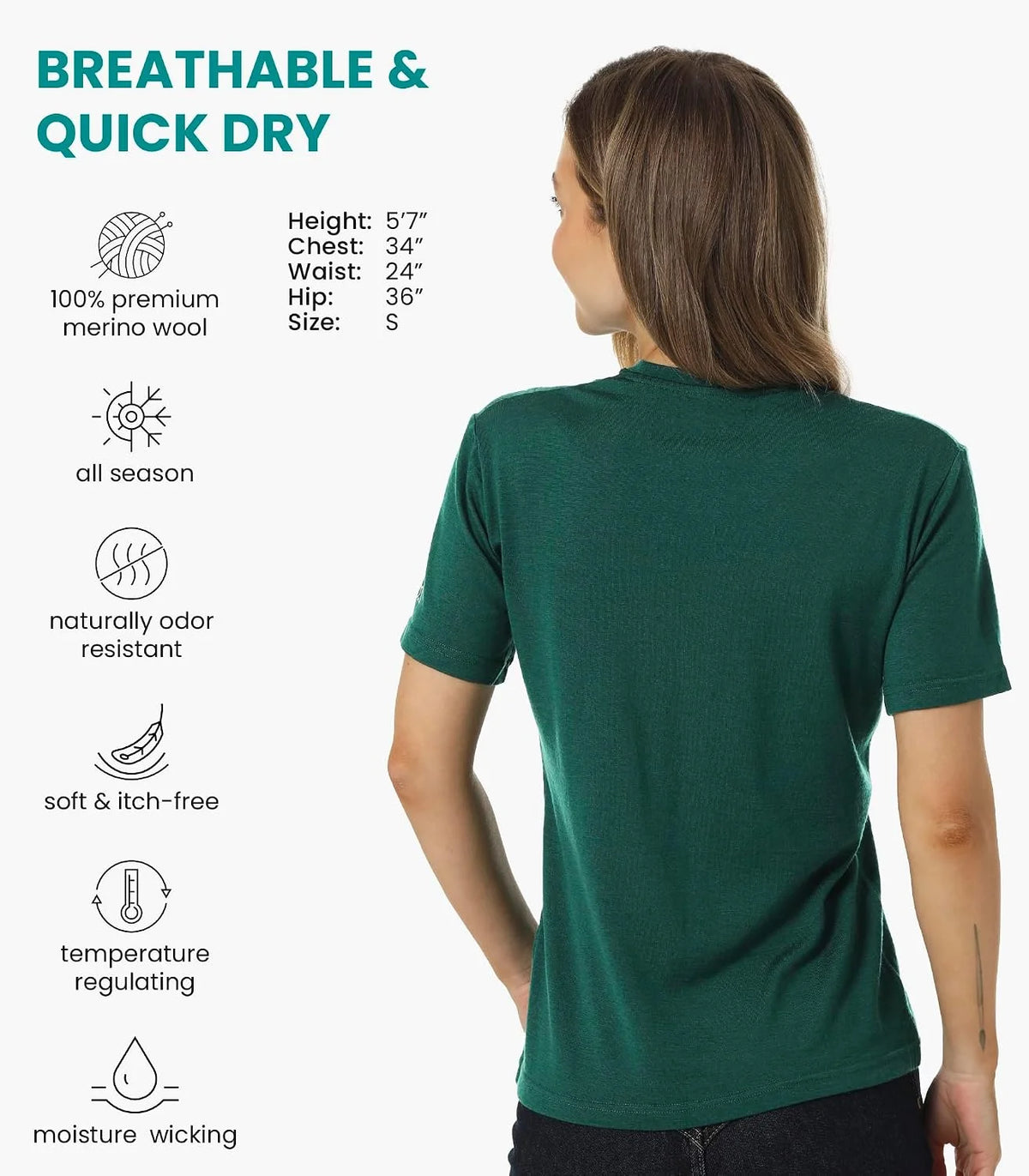 100% Merino Wool Shirt Women - Short Sleeve Tee Base Layer Top Undershirt