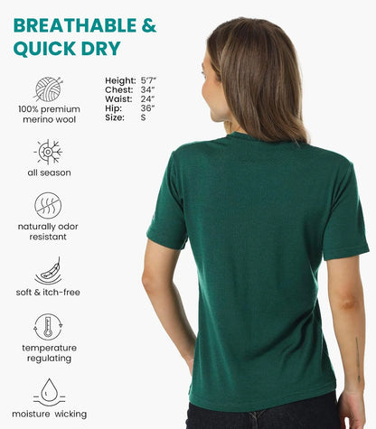 100% Merino Wool Shirt Women - Short Sleeve Tee Base Layer Top Undershirt